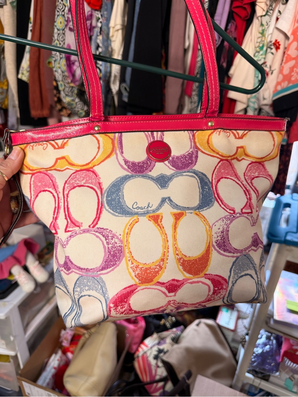 Coach Multicolor Signature Tote with Pink Trim